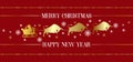 Golden silhouette of Santa Claus in a sleigh and harnessed bulls on a burgundy background. Concept for Christmas card